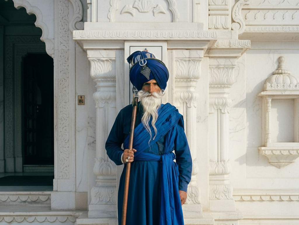 A Sikh man, dressed in deep blue robes and a matching turban, stands barefoot in front of a white marble building. He has a long white beard and holds a tall wooden staff.