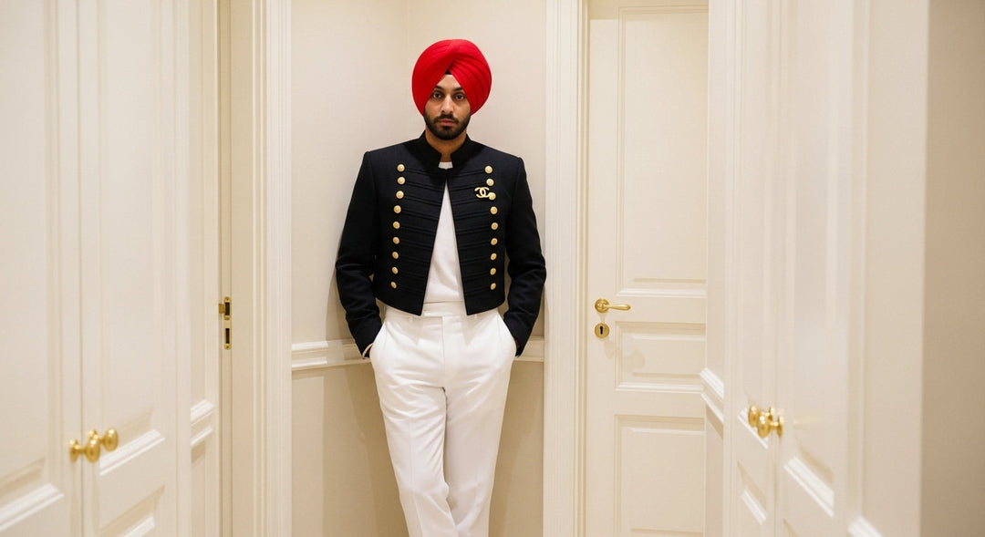Turbaned man stands in cream hallway, wearing navy military-style jacket with gold buttons and white trousers.