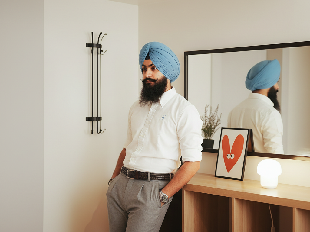 A man in a light blue turban and formal attire stands confidently beside a console table, reflected in a mirror within a minimalist, softly lit room.