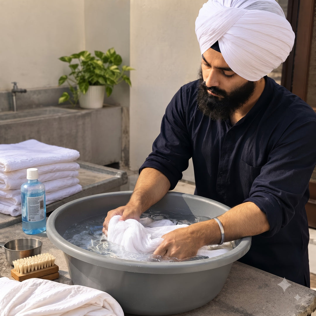 A Sikh man wearing a white turban and navy kurta hand-washes white turban fabric in a basin outdoors.