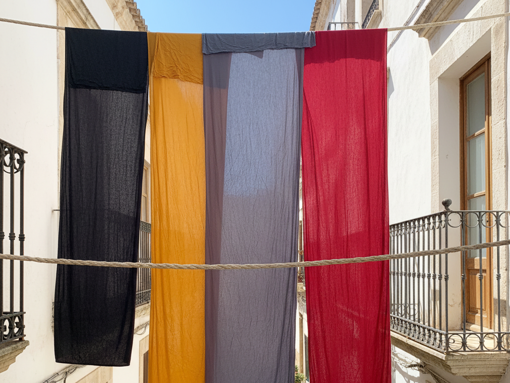 Long, colorful turbans in black, mustard, grey, and maroon hang drying between two buildings in soft daylight. The narrow street and balconies frame the fabrics gently swaying in the air.