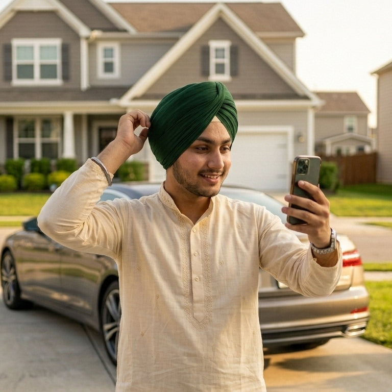 A smiling man wearing a dark green turban and cream kurta adjusts his turban while taking a selfie in front of a suburban home with a parked car.