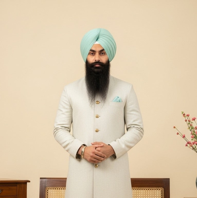 A man wearing a mint-green turban and cream sherwani stands confidently against a beige background.