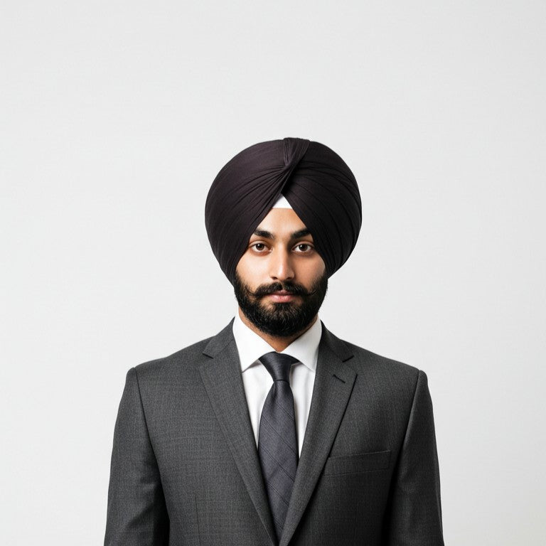 This image shows a man wearing a formal suit and tie with a turban, posing against a plain background.