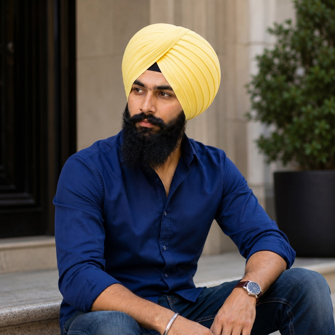 A man wearing a pastel yellow turban and navy blue shirt sits outdoors, looking to the side with a thoughtful expression.