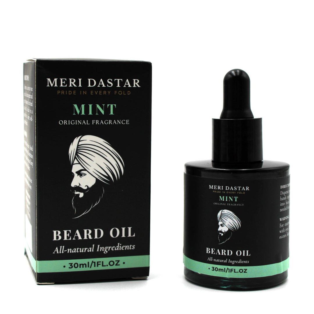 Meri Dastar beard oil bottle and packaging on a white background
