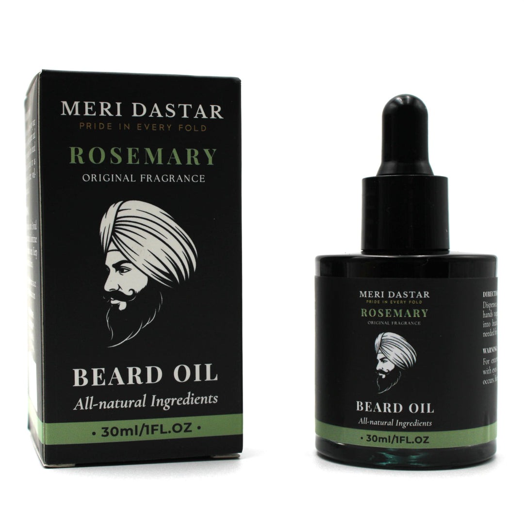 Meri Dastar Rosemary Beard Oil packaging and bottle on a white background