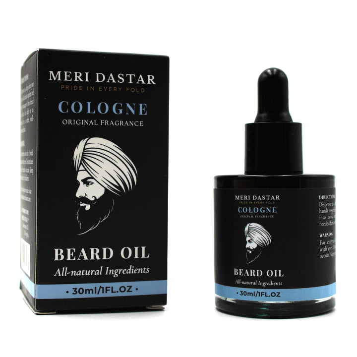 Meri Dastar beard oil packaging with dropper bottle on a white background