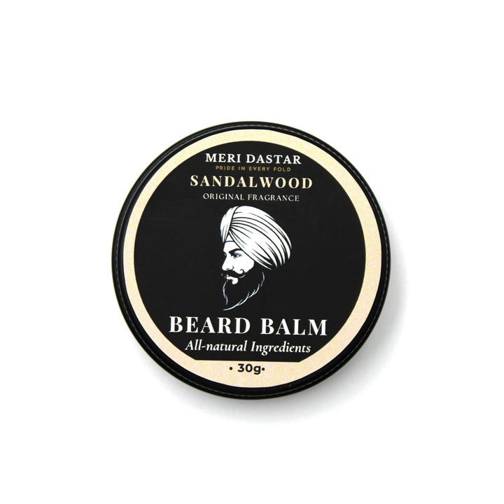 Beard balm container with sandalwood fragrance on a white background
