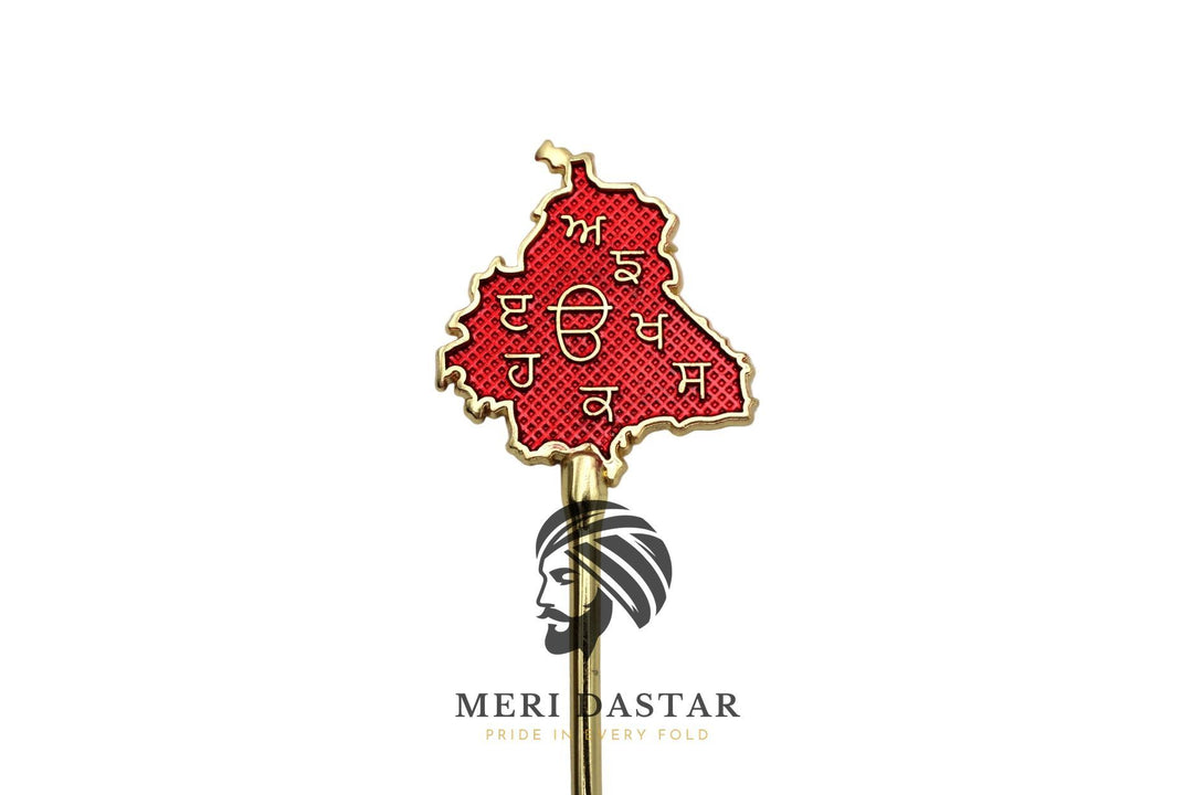 Golden Metallic map of Punjab on a baaz, baaj or salai with text on a white background