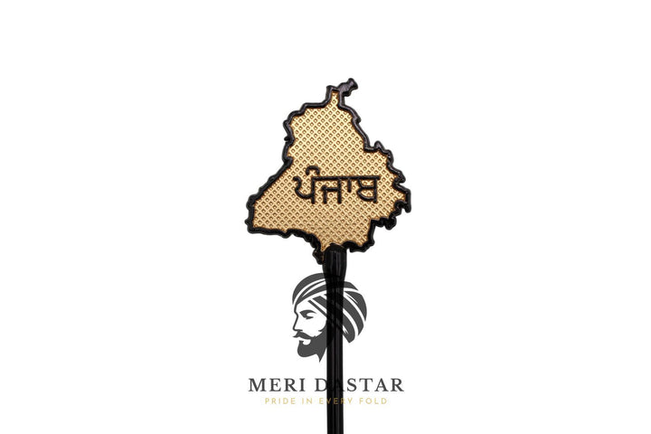 Golden Metallic map of Punjab on a baaz, baaj or salai with text on a white background