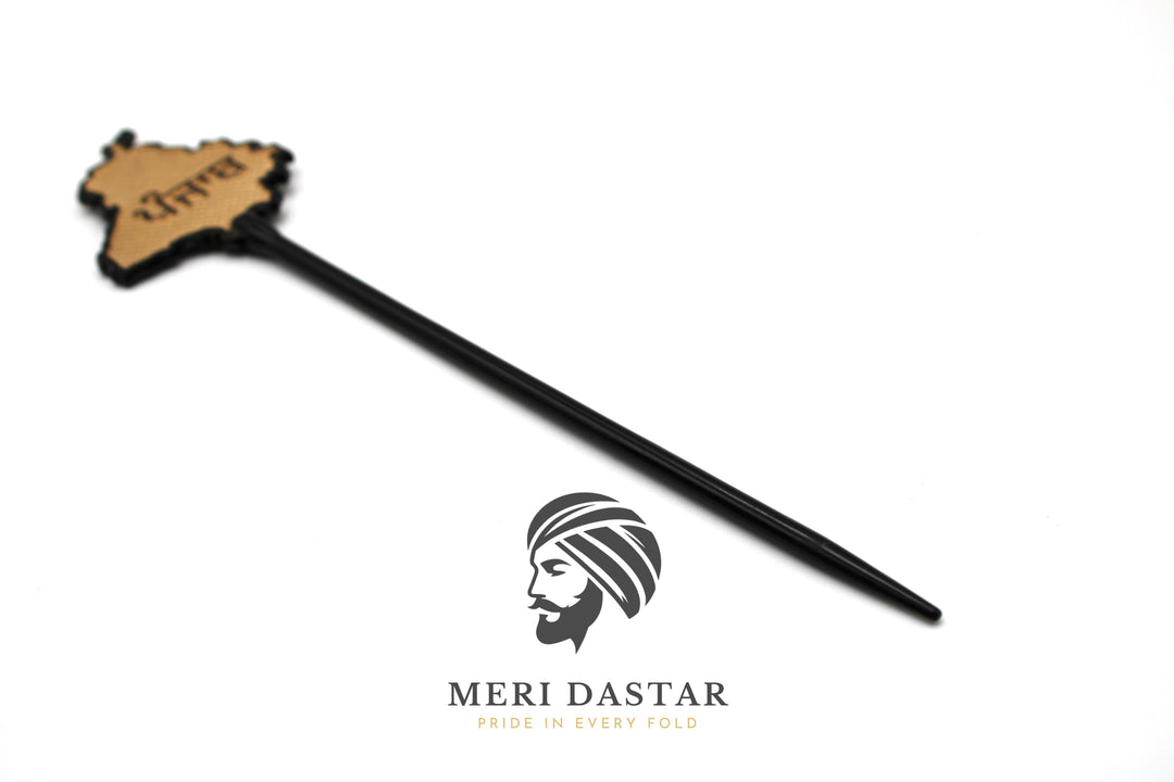 Golden Metallic map of Punjab on a baaz, baaj or salai with text on a white background