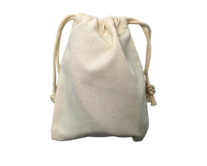 Beige drawstring pouch on a white background