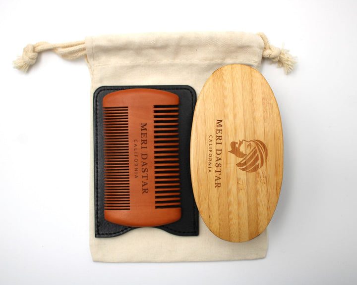 Meri Dastar comb and wooden beard brush with branded logo on a white background