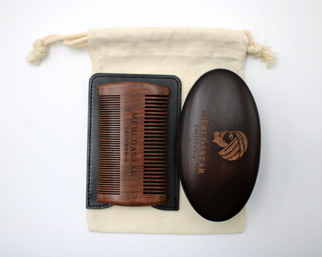 Wooden comb and oval bread brush set with a drawstring bag on a white background Meri Dastar