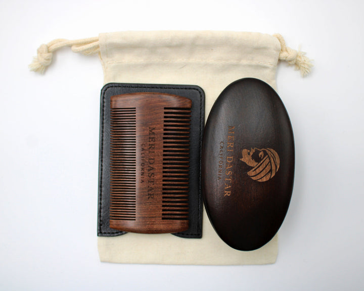 Wooden comb and oval bread brush set with a drawstring bag on a white background Meri Dastar