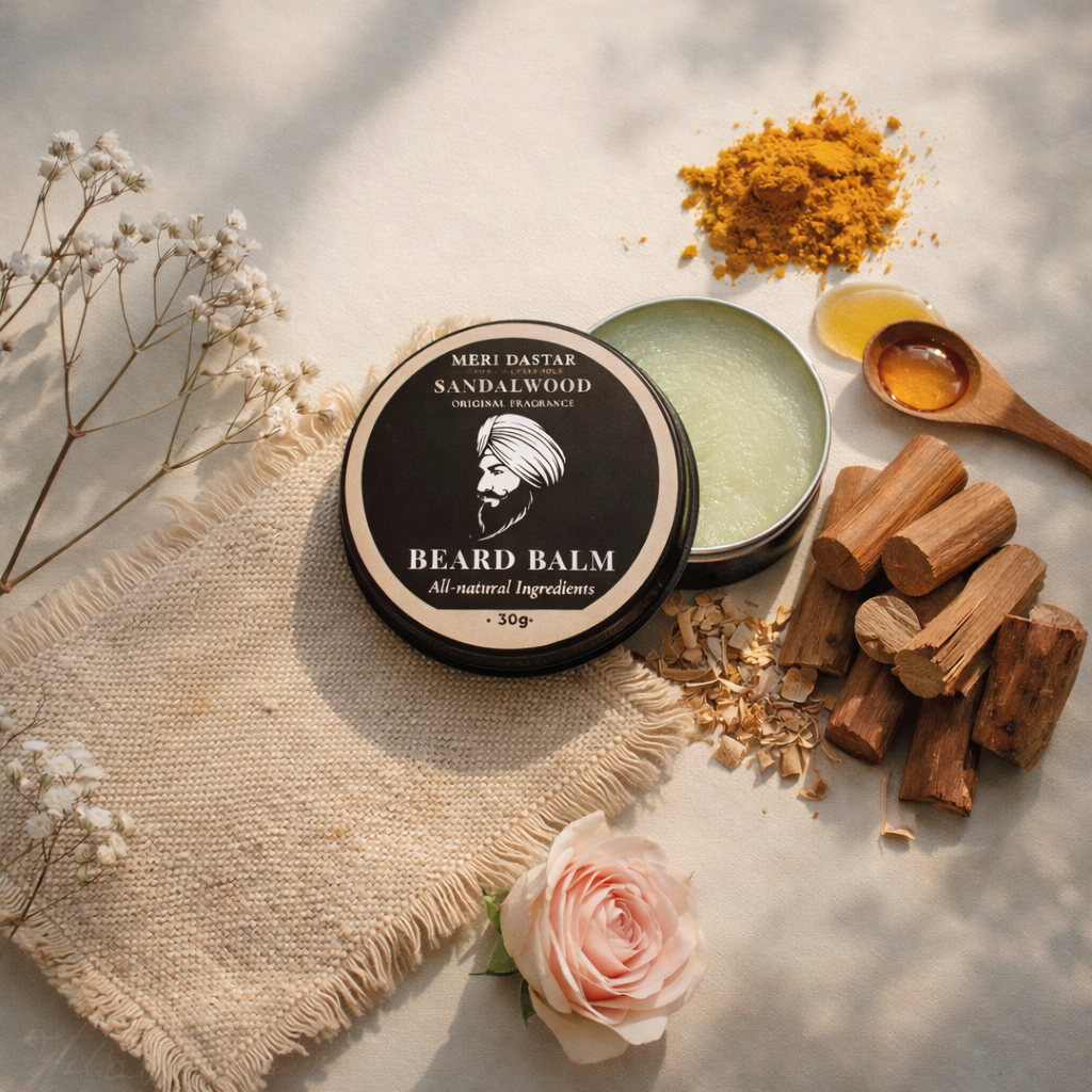 Beard balm container with sandalwood fragrance on a white background