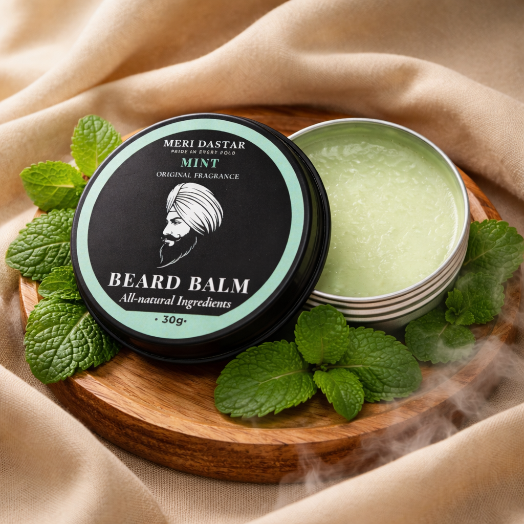 Beard balm container with green and black design on a white background