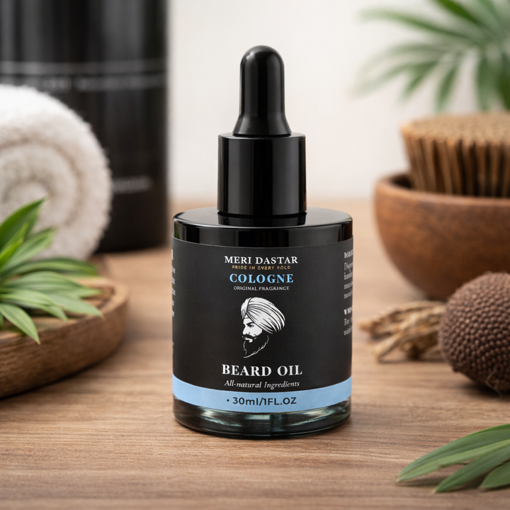 Meri Dastar beard oil packaging with dropper bottle on a white background